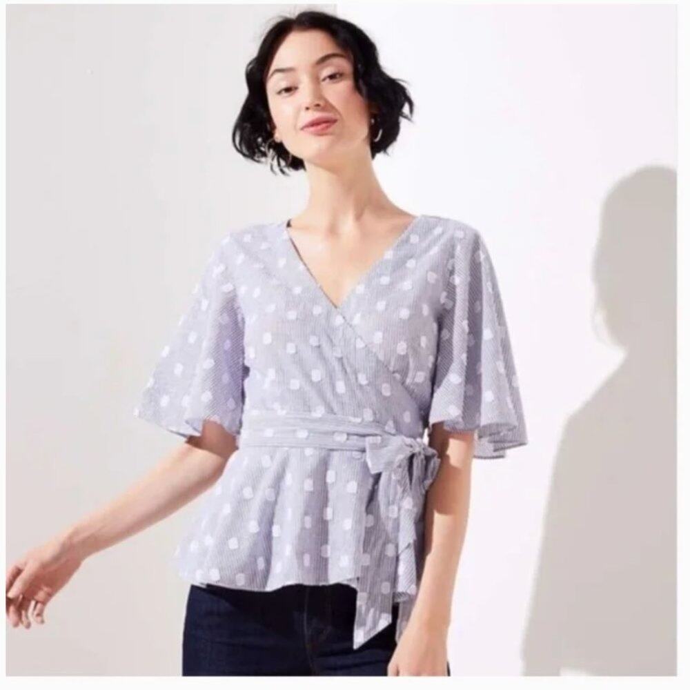 LOFT Polka Dot Striped Flutter Sleeve Wrap Blouse‎ Blue & White Size Small